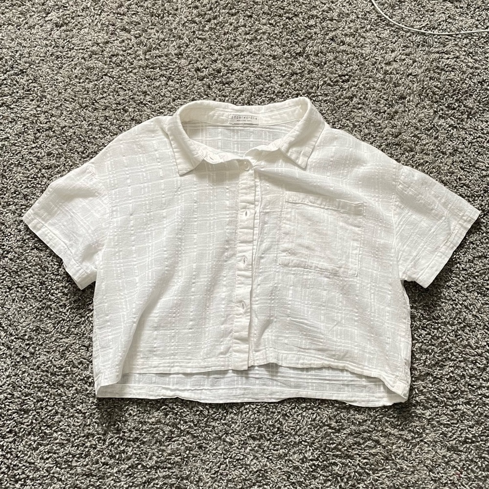 Roolee White Textured Cropped Button-Up Top